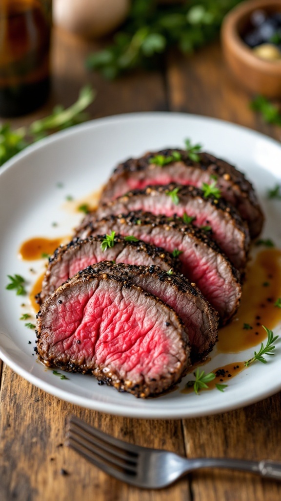 Sliced peppercorn-crusted beef tenderloin on a white plate, garnished with herbs, on a rustic wooden table.